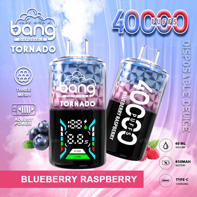 Bang Tornado wegwerp-vape met 40.000 trekjes, bosbessen-frambozensmaak, met 40 ml volume, 850 mAh-batterij, Type-C-opladen, instelbaar vermogen en drie mesh-coils.