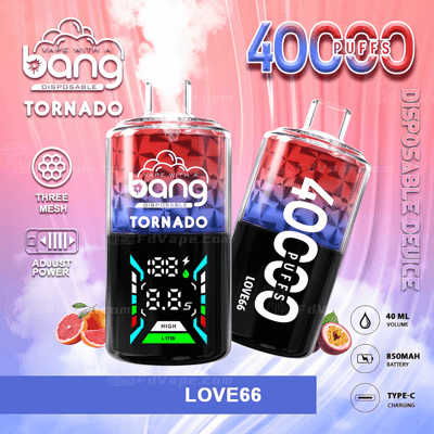 Twee Bang Tornado wegwerp-vape-apparaten met 40.000 trekjes, digitaal display, ontwerp met drie mazen, instelbaar vermogen, volume van 40 ml, 850 mAh-batterij en Type-C-opladen, met een rood-naar-blauw verloop en de smaaknaam "LOVE66".