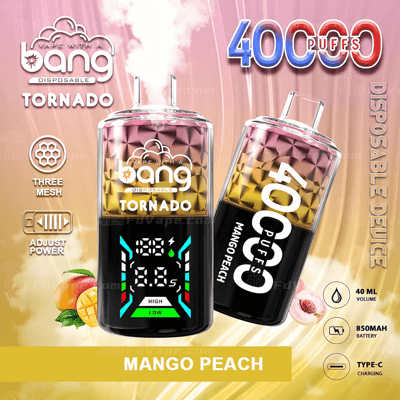 Bang Disposable Tornado vape-apparaat met 40.000 trekjes, mango-perziksmaak, drie mesh-technologie, instelbaar vermogen, 40 ml volume, 850 mAh-batterij en Type-C-opladen.