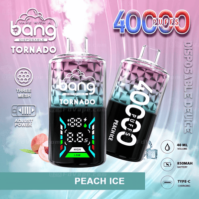 Wegwerp-vape-apparaat met het label "Bang Tornado" met 40.000 trekjes, perzik-ijssmaak, kleurrijk ontwerp, digitaal display, Type-C-opladen, 850 mAh-batterij en 40 ml volume.