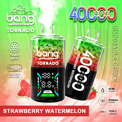 Een kleurrijke advertentie voor een wegwerp-vape-apparaat met het label "Bang Tornado", met een tweekleurig ontwerp met afbeeldingen van aardbeien en watermeloen, met weergave van het aantal trekjes van 40.000, de batterijcapaciteit, instelbare energie-instellingen en informatie over het opladen via Type-C.