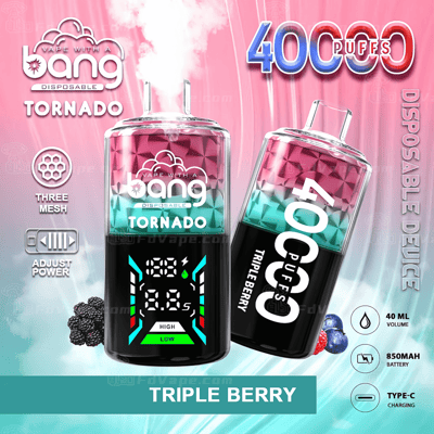 Kleurrijke afbeelding van een wegwerp-vape-apparaat met het label "Bang Tornado" met "40.000 trekjes" en de smaak "Triple Berry", met een digitaal display en pictogrammen die het instelbare vermogen, de batterijcapaciteit en het oplaadtype aangeven.