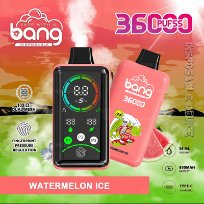 Appareil à vapotage avec la marque « Vape with a Bang », 36 000 bouffées, saveur de glace à la pastèque, technologie à double maille, régulation de la pression par empreinte digitale, volume de 36 ml, batterie 850 mAh et chargement de type C.