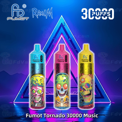 Colorful Fumot Tornado 30000 Music disposable vape devices with vibrant skull designs, displayed in blue, pink, and yellow against a neon triangle and blue gradient background.