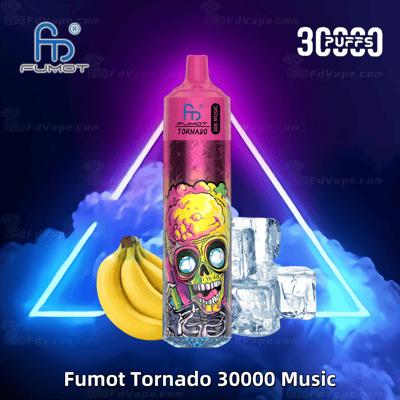 Pink Fumot Tornado 30000 Music disposable vape device with a vibrant skull design, displayed alongside bananas and ice cubes, set against a neon triangle and blue gradient background.