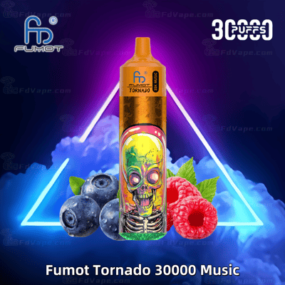 A vibrant vape device labeled "Fumot Tornado 30000 Music" with a colorful skull design, blueberries, raspberries, and neon blue and purple background.