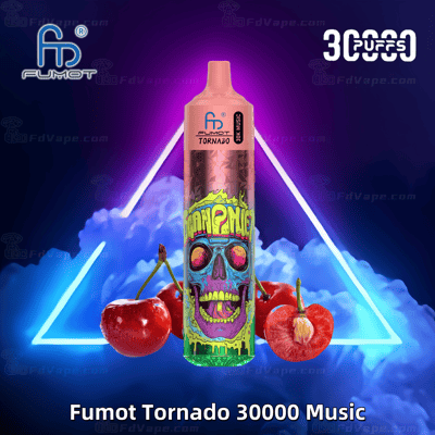 A colorful Fumot Tornado 30000 Music vape device with a neon skull design, surrounded by cherries and blue smoke, featuring "30000 Puffs" text.