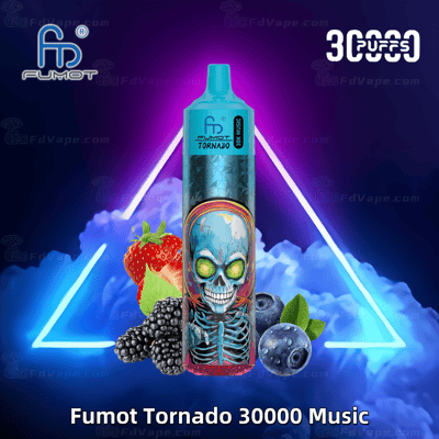 A Fumot Tornado 30000 Music vape device with a colorful skull design, surrounded by images of strawberries, blackberries, and blueberries, with a neon background and text displaying "30000 puffs."