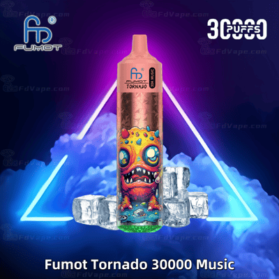 A colorful Fumot Tornado 30000 Music disposable vape with a vibrant monster design, surrounded by ice cubes and neon lights against a dark background.