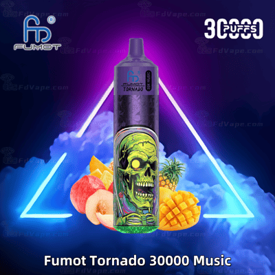 Fumot Tornado 30000 Music disposable vape with a neon green skull design, surrounded by fruit illustrations including peach, pineapple, and mango, against a vibrant purple and blue background.