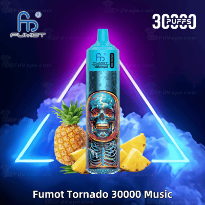 Fumot Tornado 30000 Music vape device with a colorful skull design, pineapple flavor imagery, and text indicating "30000 puffs," set against a vibrant neon background.