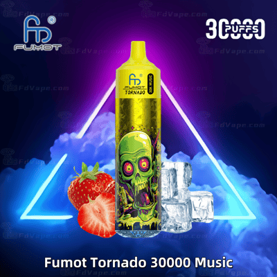 A vibrant vape device labeled "Fumot Tornado 30000 Music" with a colorful zombie design, strawberries, and ice cubes, set against a neon-lit smoky background.