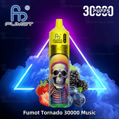 A vibrant Fumot Tornado 30000 Music disposable vape featuring a colorful skeleton design, surrounded by fruits like strawberries, blueberries, and blackberries, with neon lights and a dark background.