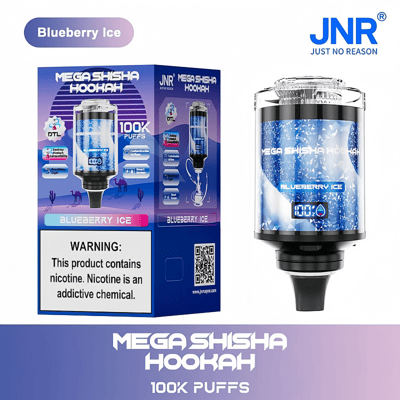 Chicha Blueberry Ice Mega avec 100 000 bouffées, dotée d'un design clair, d'un affichage numérique et d'un emballage avec avertissement de nicotine.