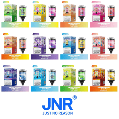 Une collection d'appareils à narguilé jetables colorés étiquetés « Mega Shisha Hookah 100x Puffs » avec différentes saveurs, dont Two Apple, Love 66, Lady Killer, Strawberry Punch, et plus encore, présentés à côté de leur emballage assorti, avec le logo de la marque « JNR Just No Reason » en bas.