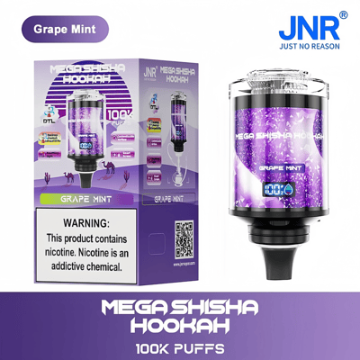 Chicha Mega au goût de raisin et de menthe avec 100 000 bouffées, avec un design violet, un affichage numérique et une étiquette d'avertissement de nicotine.