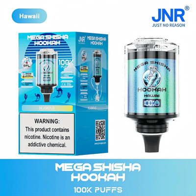 Emballage et appareil du produit Mega Shisha Hookah, avec saveur « Hawaï », 100 000 bouffées et une étiquette d'avertissement concernant la nicotine.