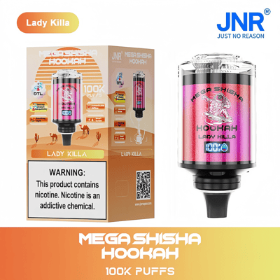 Mega Shisha Hookah Lady Killa avec 100 000 bouffées, avec un design dynamique, une étiquette d'avertissement sur la nicotine, les détails du produit et un code QR sur l'emballage.