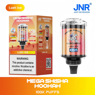 Un appareil et un emballage Mega Shisha Hookah avec la saveur « Lush Ice », 100 000 bouffées, avec une étiquette d'avertissement sur la dépendance à la nicotine et des éléments de conception colorés.