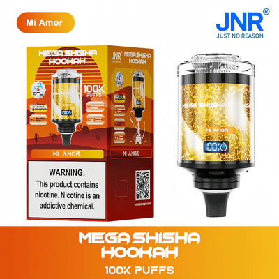 "Appareil de narguilé JNR Mega Shisha Hookah au goût Mi Amor, doté d'un design doré, d'une capacité de 100 000 bouffées et d'un affichage numérique, présenté à côté de son emballage avec une étiquette d'avertissement concernant la nicotine."