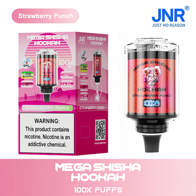 Emballage et produit d'une "Mega Shisha Hookah" de 100 000 bouffées, saveur Strawberry Punch, comportant un avertissement sur la dépendance à la nicotine.