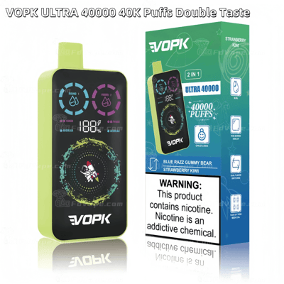VOPK ULTRA 40000 40K Puffs Double Taste vape packaging featuring flavors: Blue Razz Gummy Bear, Strawberry Kiwi.
