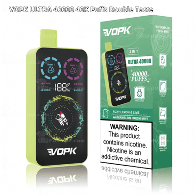 VOPK Ultra 40000 disposable vape box with Fizzy Lemon & Lime and Watermelon Fresh Mint flavors, featuring 40,000 puffs and a double taste design.