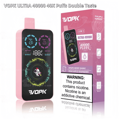 VOPK Ultra 40000 40K Puffs Double Taste disposable vape with a digital display showing 180 puffs, featuring grape berry burst and pear apple raspberry flavors, and a child lock warning.