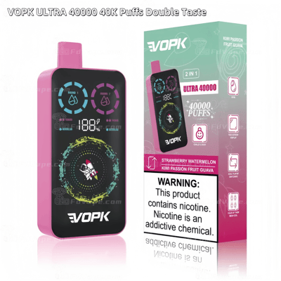 VOPK ULTRA 40000 40K Puffs Double Taste vape packaging featuring flavors: Strawberry Watermelon, Kiwi Passion Fruit Guava.