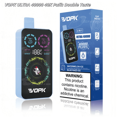 VOPK Ultra 40000 disposable vape device with watermelon ice and blue razz ice flavors, showing a digital display and packaging.