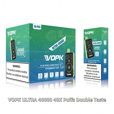 VOPK ULTRA 40000 40K Puffs Double Taste Blue Razz Gummy Bear Strawberry Kiwi disposable vape packaging.
