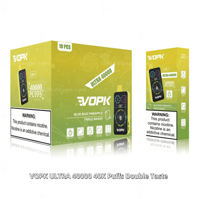 VOPK Ultra 40000 disposable vape box with Blue Razz Pineapple and Triple Mango flavors, featuring 40,000 puffs and a double taste design.