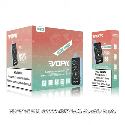 VOPK ULTRA 40000 40K Puffs Double Taste vape packaging featuring flavors: Blueberry Raspberry, Mango Peach Watermelon.