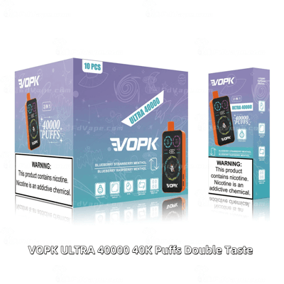 VOPK ULTRA 40000 disposable vape box featuring blueberry strawberry menthol and blueberry raspberry menthol flavors with 40,000 puffs.