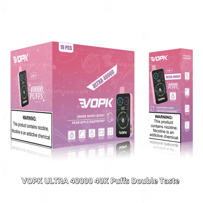 VOPK Ultra 40000 40K Puffs Double Taste disposable vape box with grape berry burst and pear apple raspberry flavors.