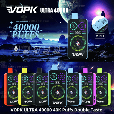 A collection of colorful VOPK Ultra 40000 vape devices with a digital display showing 188 puffs, featuring dual flavor options and a 2-in-1 design.