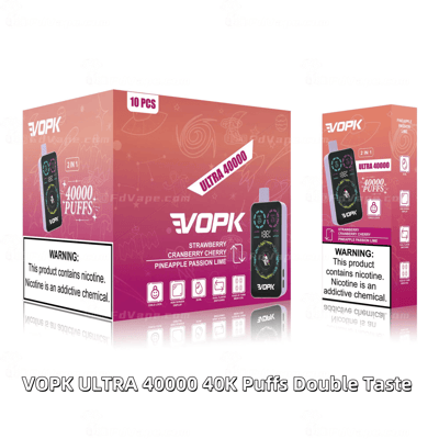 VOPK Ultra 40000 Puffs Double Taste e-cigarette box featuring strawberry, cranberry cherry, pineapple, and passion lime flavors.