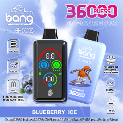 Promotiefoto van de Bang 36000 Puff wegwerp-vape, met een blauwe e-liquidsmaak genaamd "Blueberry Ice", gedetailleerde specificaties van het apparaat, een digitaal display op het apparaat en afbeeldingen die functies zoals vingerafdrukdrukregeling en USB Type-C-opladen benadrukken.
