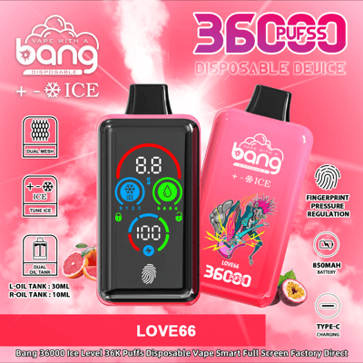 Promotiefoto van het Bang 36000 puffs wegwerp-vape-apparaat met een dubbele olietank, vingerafdrukdrukregeling en een levendig ontwerp.