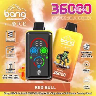 Promotiefoto van het apparaat "Bang 36000 Ice Level 36k Puffs Disposable Vape", met een levendige verpakking met een tekenfilmfiguur, specificaties en functies zoals vingerafdrukdrukregeling en dubbele olietanks tegen een heldere, kleurrijke achtergrond.