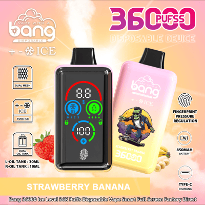 Promotie-afbeelding voor de Bang 36000 Puff Ice Flavor Disposable Vape in de smaak Strawberry Banana, met kenmerken zoals een dubbele olietank van 30 ml, een batterij van 850 mAh, drukregeling met vingerafdruk en opladen via USB-C.