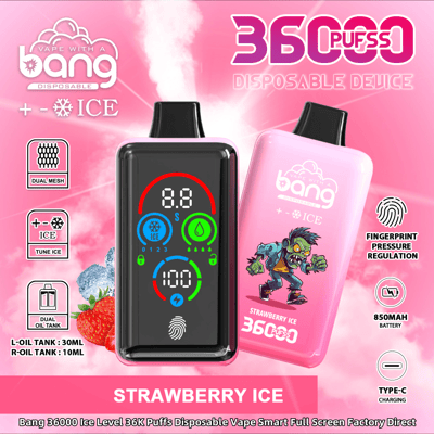Promotiefoto voor het 'Bang Disposable Device' met de smaak Strawberry Ice, met kenmerken zoals 36.000 trekjes, dubbele olietank, drukregeling met vingerafdruk en een kleurrijk display.