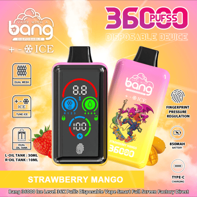 Promotieafbeelding van het Bang 36000 Puff Disposable Vape Device in de smaak Strawberry Mango, met een LED-scherm, dual mesh-technologie en vingerafdrukdrukregeling.