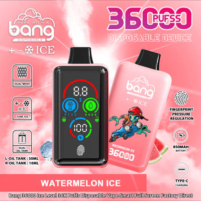 Een promotieafbeelding van het Bang 36000 Ice Level wegwerp-vape-apparaat in de smaak watermeloenijs, met een dubbele olietank, drukregeling via vingerafdruk en een kleurrijke digitale interface, met aanvullende beschrijvingen zoals '36.000 trekjes', 'dubbele mesh' en een 850mAh-batterij.