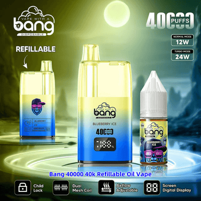 Productadvertentie voor de Bang 40000 wegwerp-vape, met de smaak Blueberry Ice, met een grafisch ontwerp waarin de belangrijkste kenmerken, zoals de 24W turbomodus en de instelbare luchtstroom, worden benadrukt.