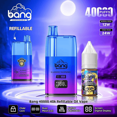 Promotie-afbeelding voor de Bang 40000 puffs navulbare olie-vape met een bosbessen-frambozensmaak, met een blauw en paars verlopend apparaat en een bijbehorend smaakflesje, weergegeven tegen een gloeiende paarse achtergrond.