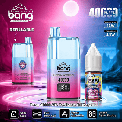 Promotionele afbeelding van Bang wegwerpvape met de Blueberry Watermelon-smaak. Hoogtepunten zijn onder meer een navulbaar ontwerp, een capaciteit van 40.000 trekjes, dubbele mesh-spoel, instelbare luchtstroom, kinderslot en digitaal scherm.