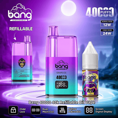 Promotiefoto van de wegwerp-vape van Bang met druivenijssmaak en een capaciteit van 40.000 trekjes, met een navulbaar ontwerp, dubbele gaasspoel, instelbare luchtstroom en digitaal display, weergegeven naast een flesje vape-olie met druivensmaak tegen een neonpaarse achtergrond.