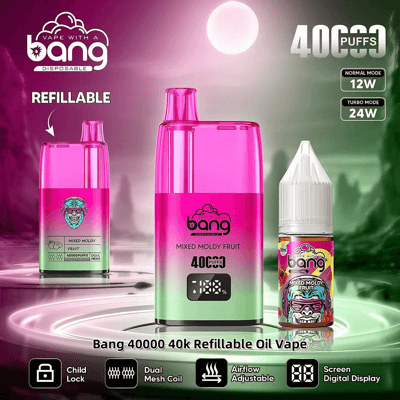 Promotiefoto van het navulbare olie-vape-apparaat Bang 40k en de bijbehorende vloeistof, met kenmerken als dubbele gaasspoel, regelbare luchtstroom en een kinderslot.