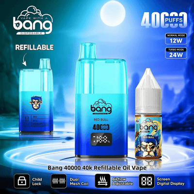 Promotieafbeelding van het navulbare Bang 40000 40k-olie-vape-apparaat naast een flesje Red Bull-olie, met kenmerken als navulbaarheid, dubbele gaasspoel, instelbare luchtstroom en een digitaal display, tegen een achtergrond met nachtelijk thema.